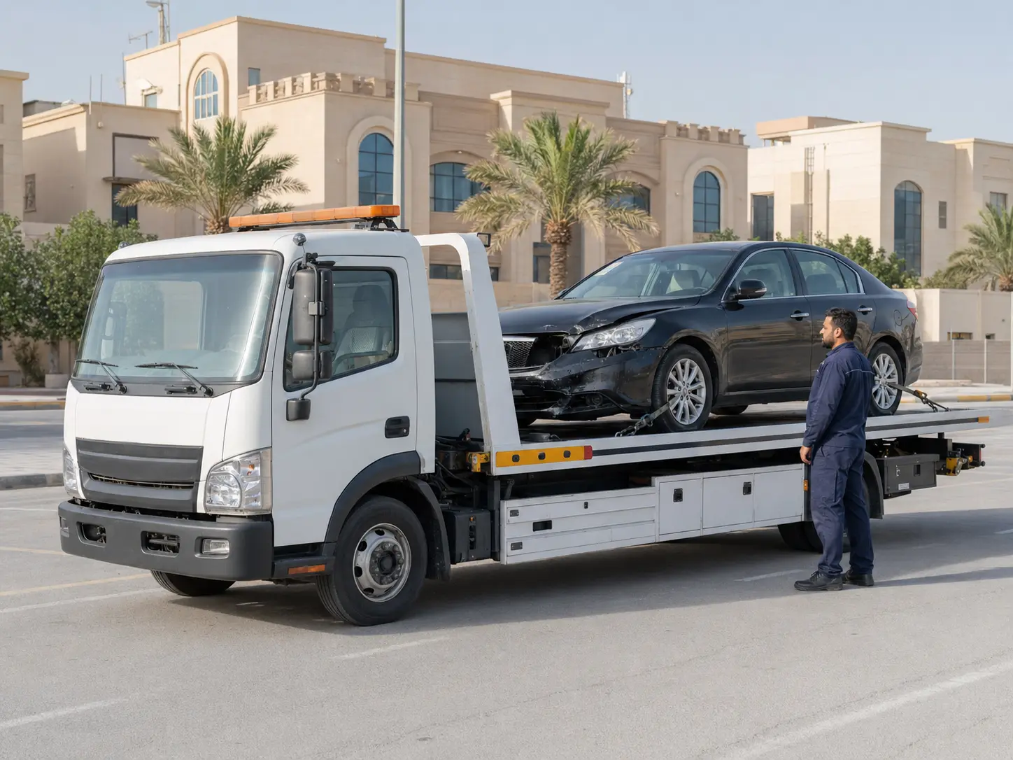سطحة تستلم سيارة متضررة بعد الاتفاق في الرياض